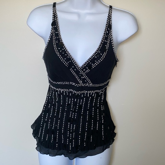 VINTAGE 90s/Y2K BLACK 100%SILK BEADED TANK ADJUSTABLE STRAPS&SIDE ZIPPER RETRO - Picture 1 of 10